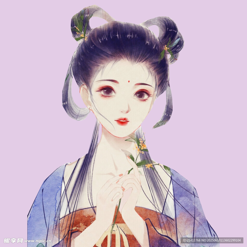 古風雙髻女子優雅持花