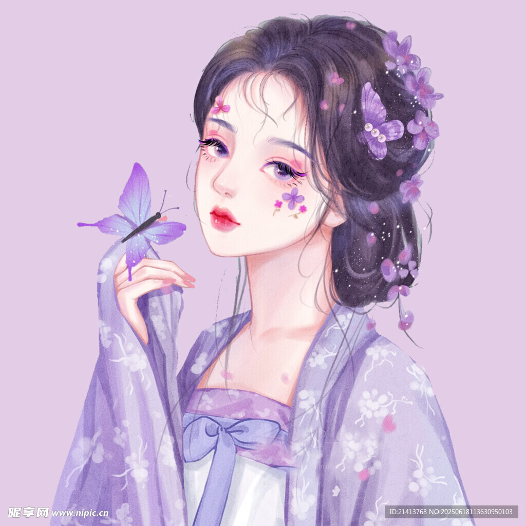 古風(fēng)紫衣少女與蝴蝶相伴
