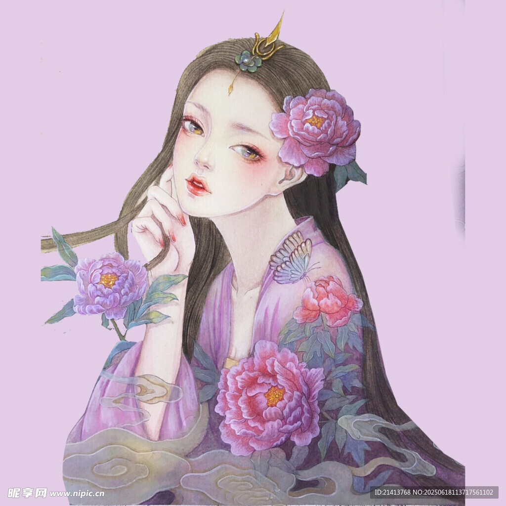 古風美人持花圖