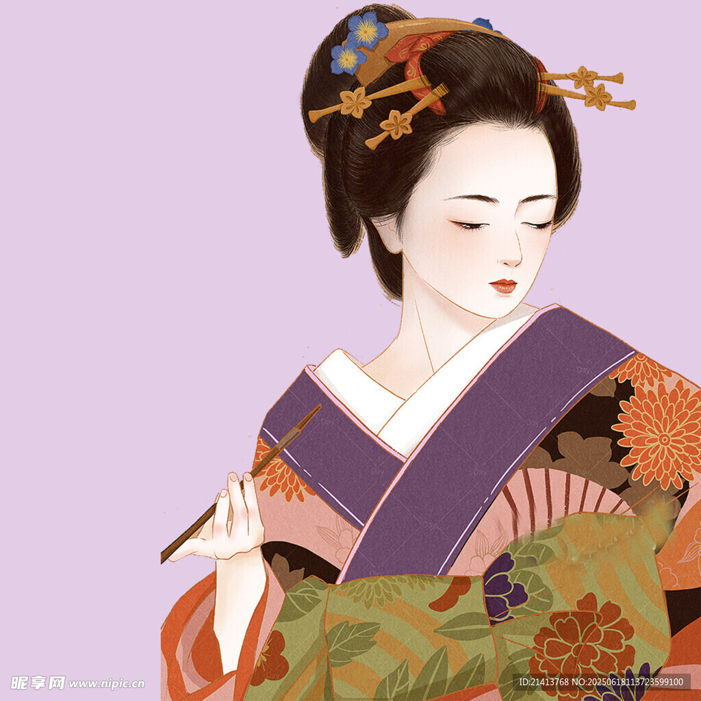 和服藝伎持扇優(yōu)雅姿態(tài)