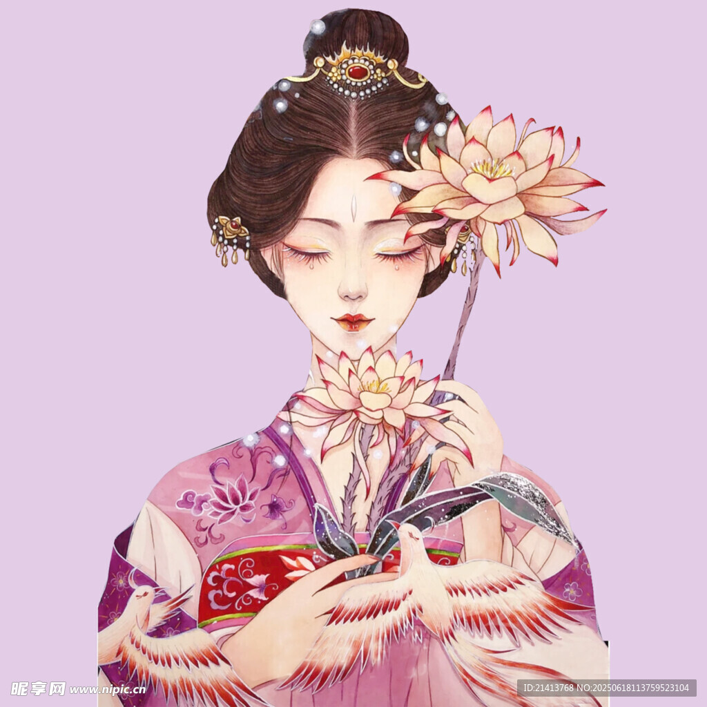 古風佳人持花圖