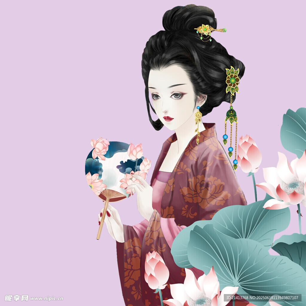 古風美人持扇賞荷圖