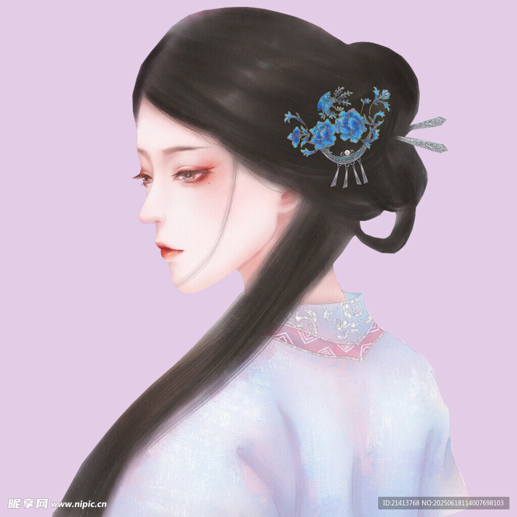 古風女子發髻簪花側顏圖