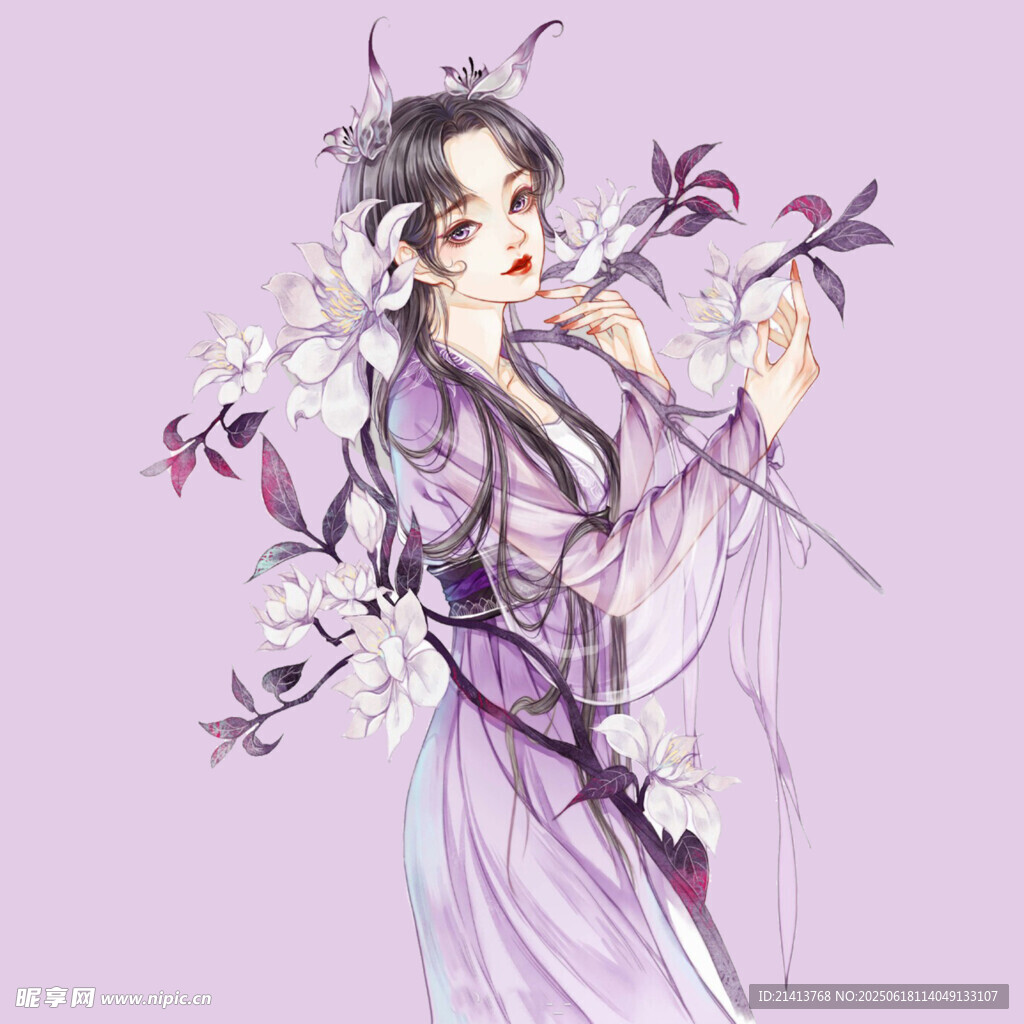 古風紫衣女子持花圖