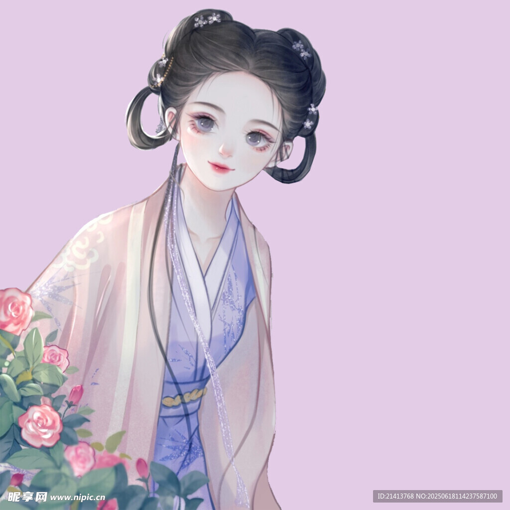 古風佳人持花圖