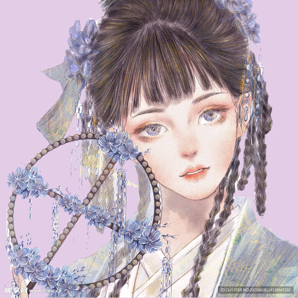古風少女持花飾團扇