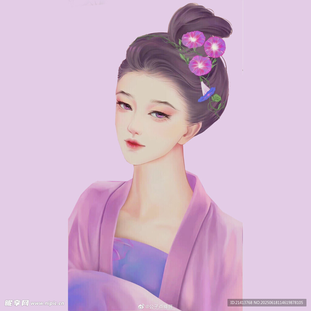 古風紫衣女子發髻簪花
