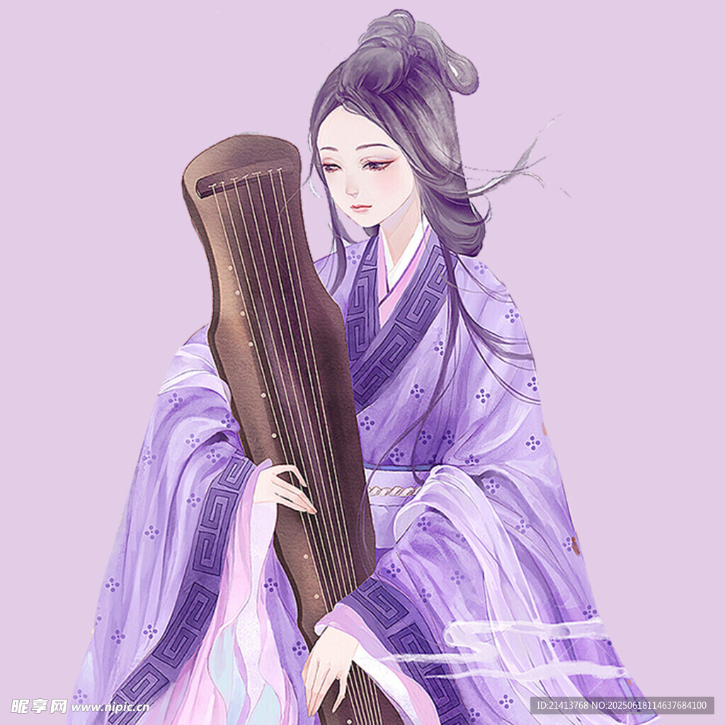 紫衣女子抱琴優雅圖