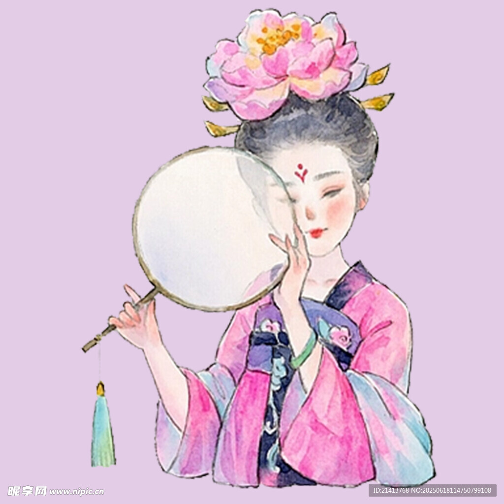 古風佳人持扇掩面賞景