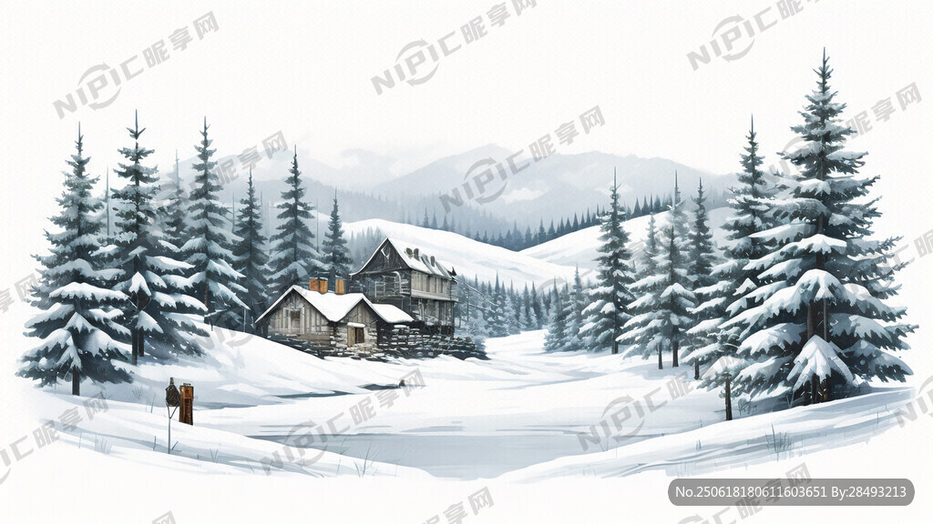 雪地  雪松  小木屋 