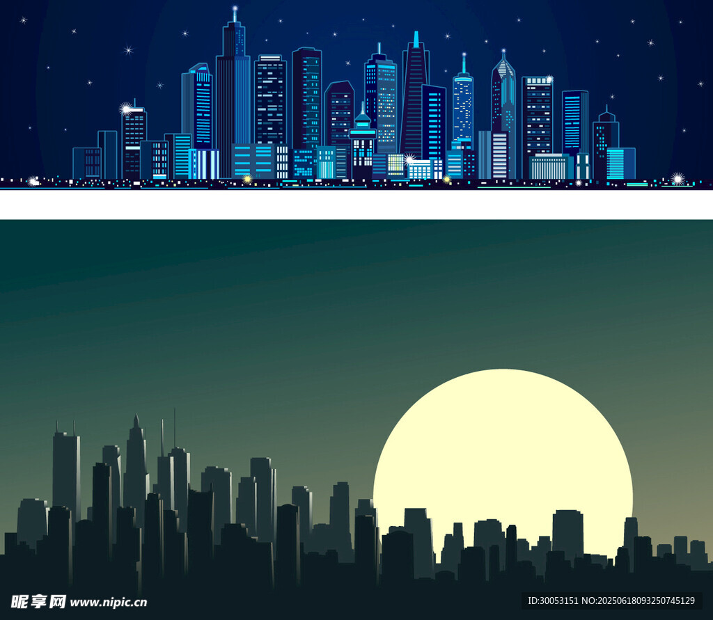 城市夜景與月下都市剪影