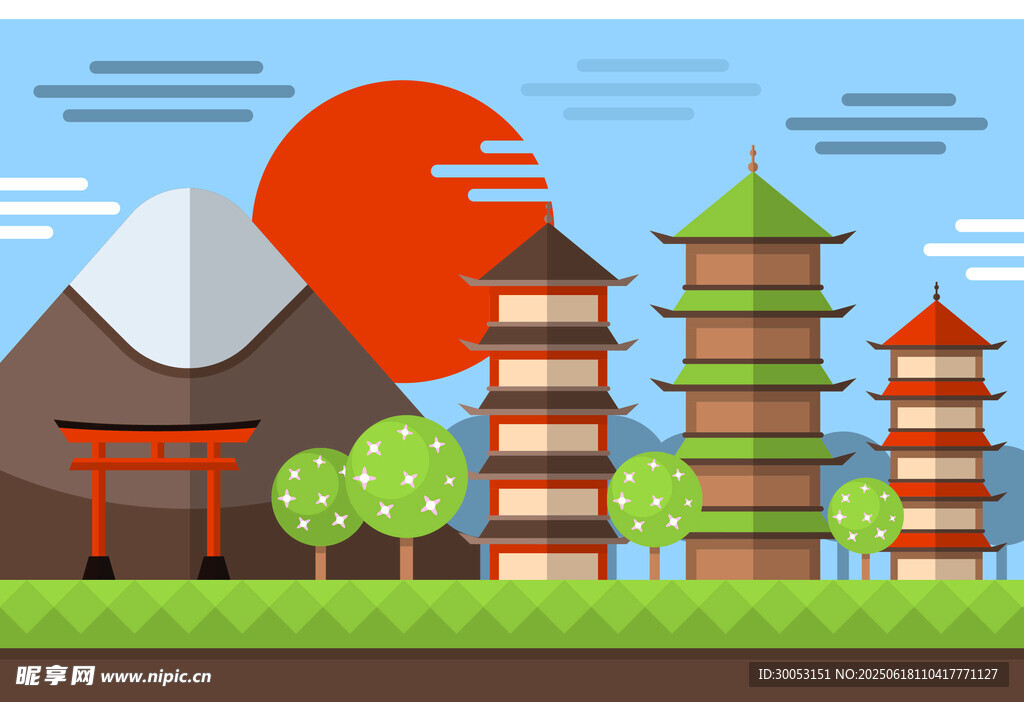日式風(fēng)景中的建筑與紅日