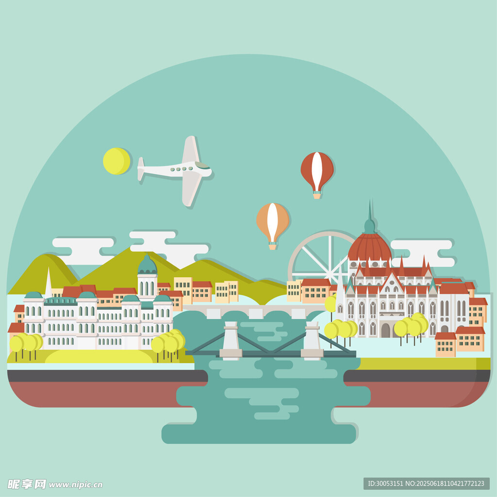 城市河畔風景與空中元素