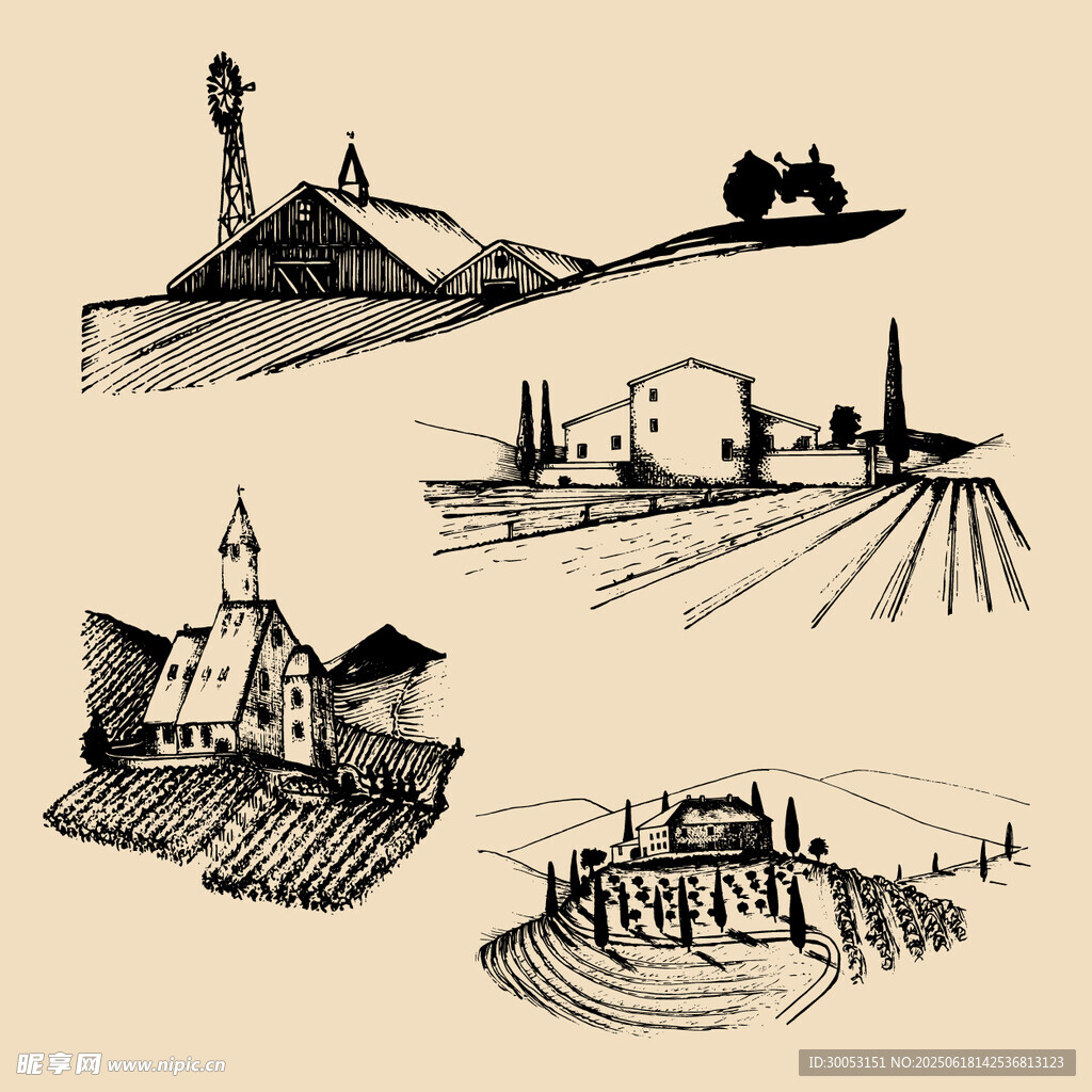 手繪鄉(xiāng)村風(fēng)景建筑插畫(huà)