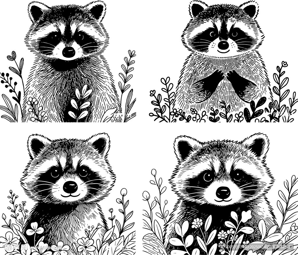 可愛小浣熊矢量線描插畫