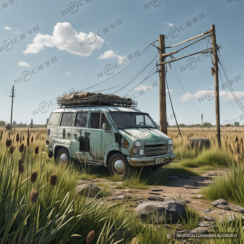 荒廢的草地上有一輛破舊的面包車