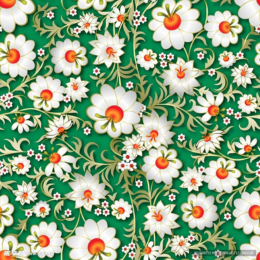 綠色底白色雛菊花卉圖案