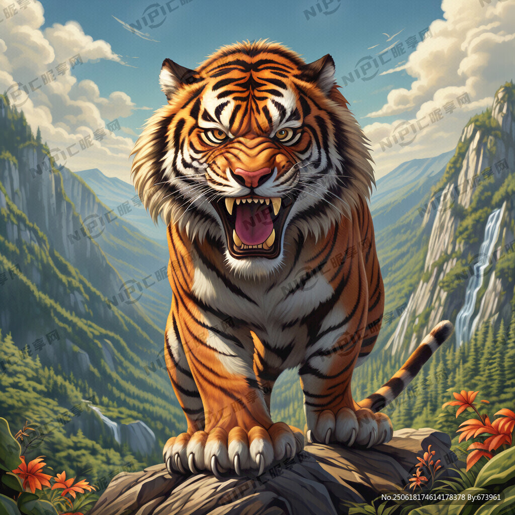 猛虎下山 表情兇猛 背靠大山