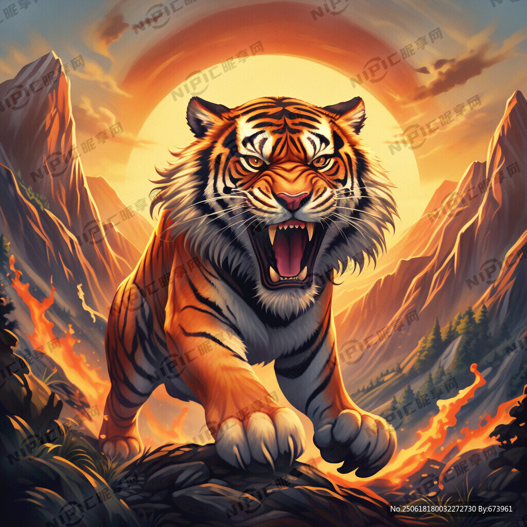 猛虎下山 表情兇猛 卡通