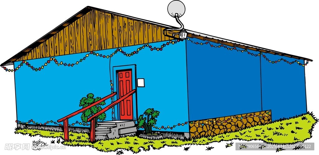 藍色小屋前的綠植點綴