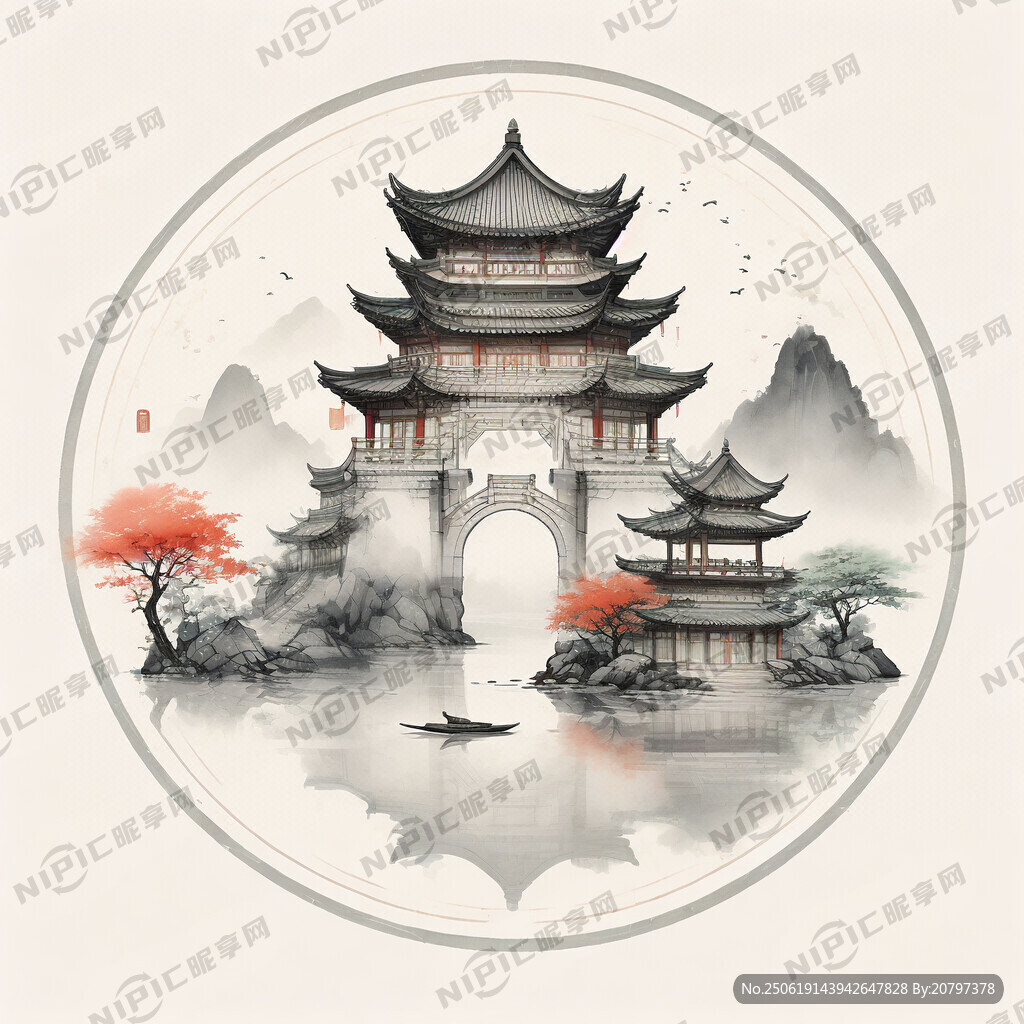 溪源庵飯店山莊帶中國印章及水墨