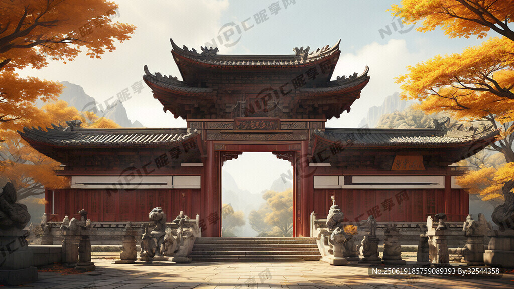 香林禪寺三開門面寺廟大門效果圖