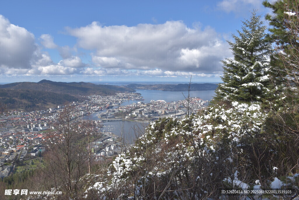 山巔俯瞰城鎮與湖景風光