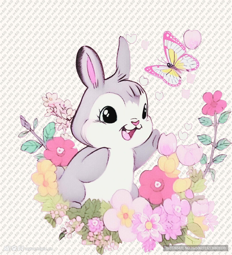 花叢中的可愛(ài)兔子與蝴蝶
