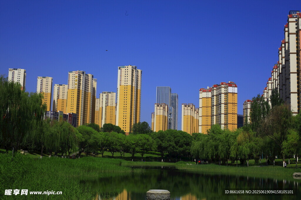 湖畔高樓林立的城市風光