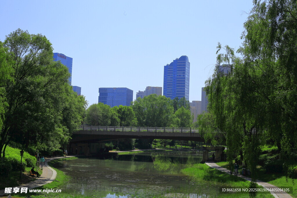 城市河畔綠樹環繞的景致