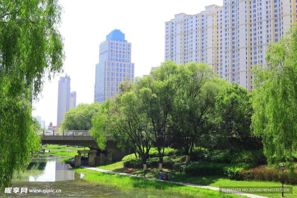 城市河畔綠意盎然景觀