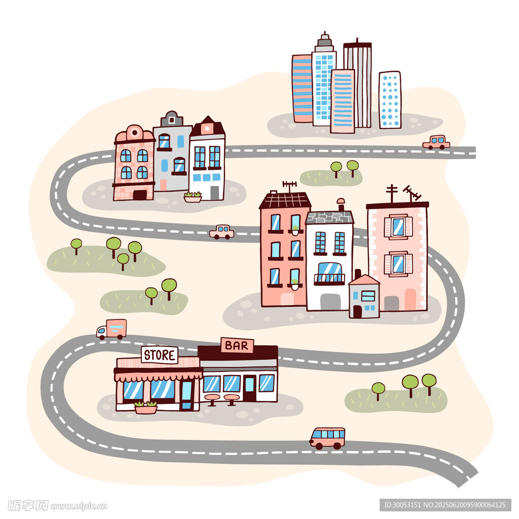城市道路與建筑景觀圖