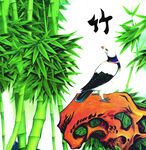 翠竹旁的鳥與奇石