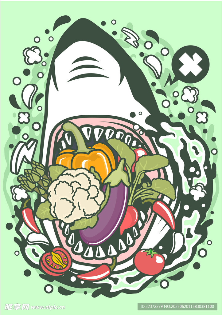 鯊魚吞食多彩蔬果插畫