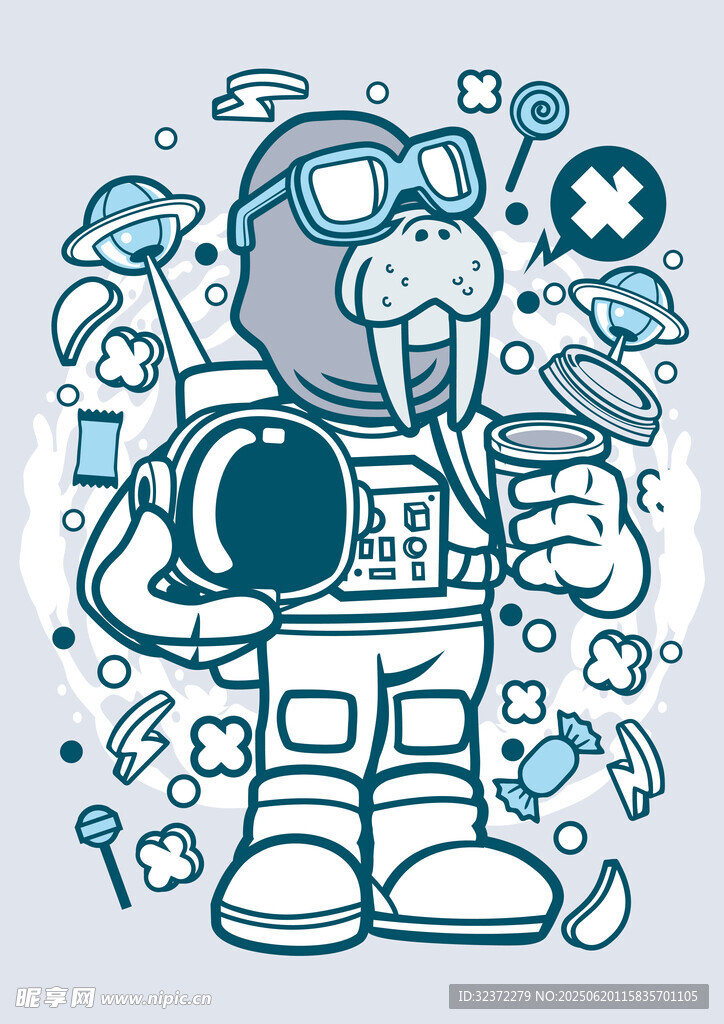卡通宇航員海獺形象插畫