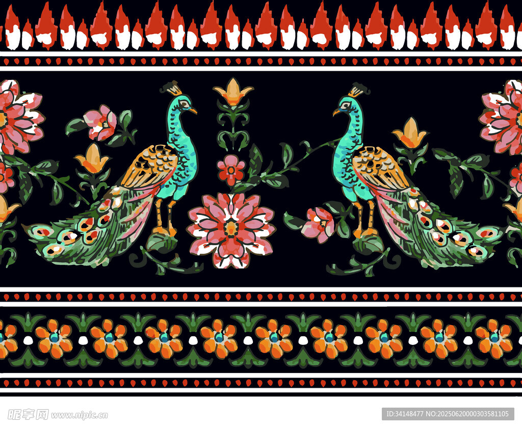 民族風(fēng)孔雀花卉刺繡圖案