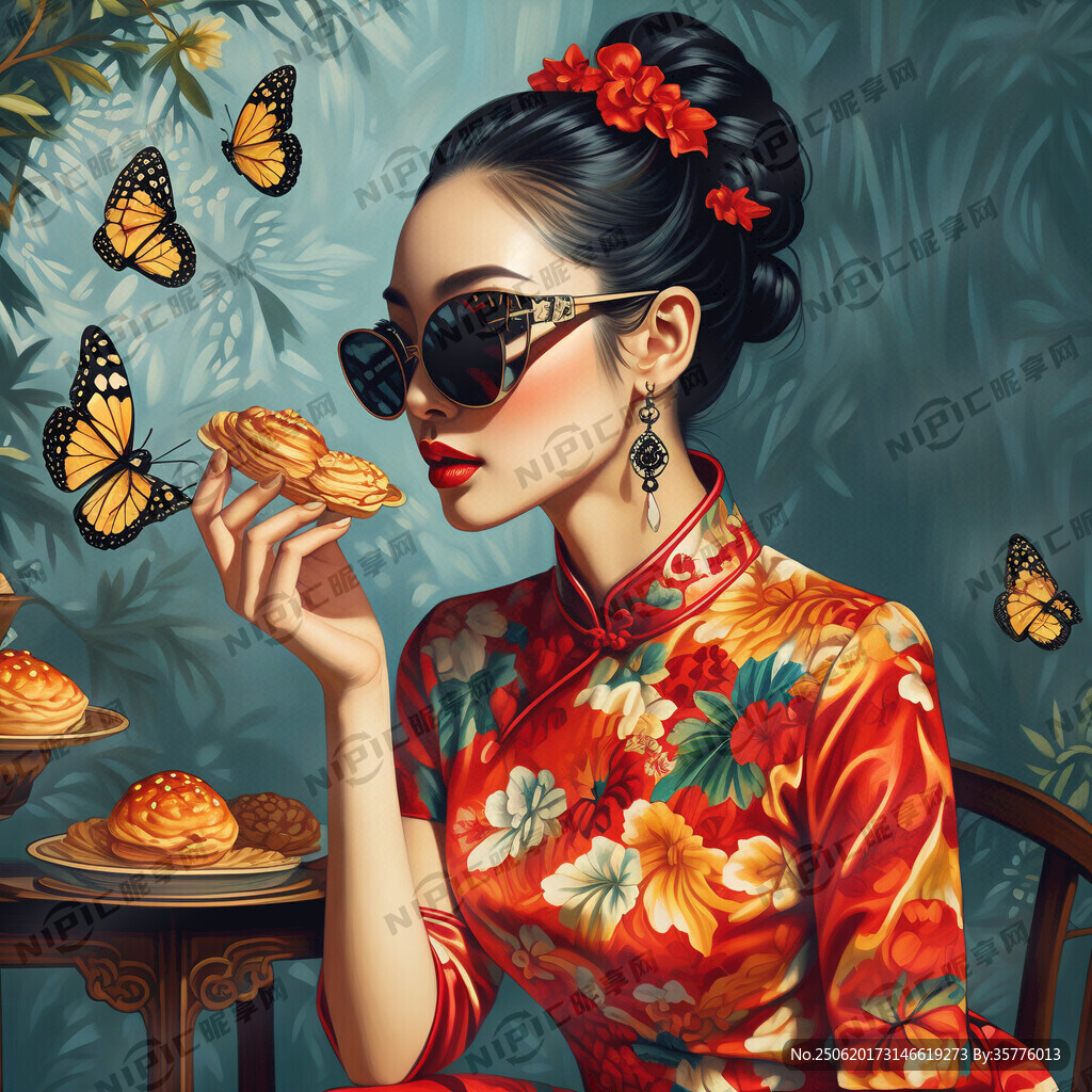 穿靚麗顏色旗袍帶墨鏡吃蝴蝶酥的