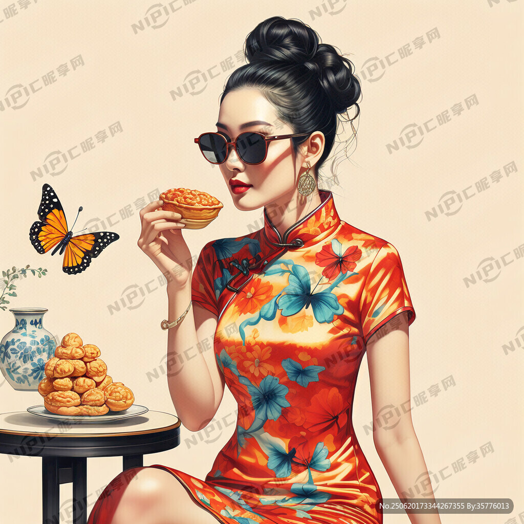 穿靚麗顏色旗袍帶墨鏡吃蝴蝶酥的