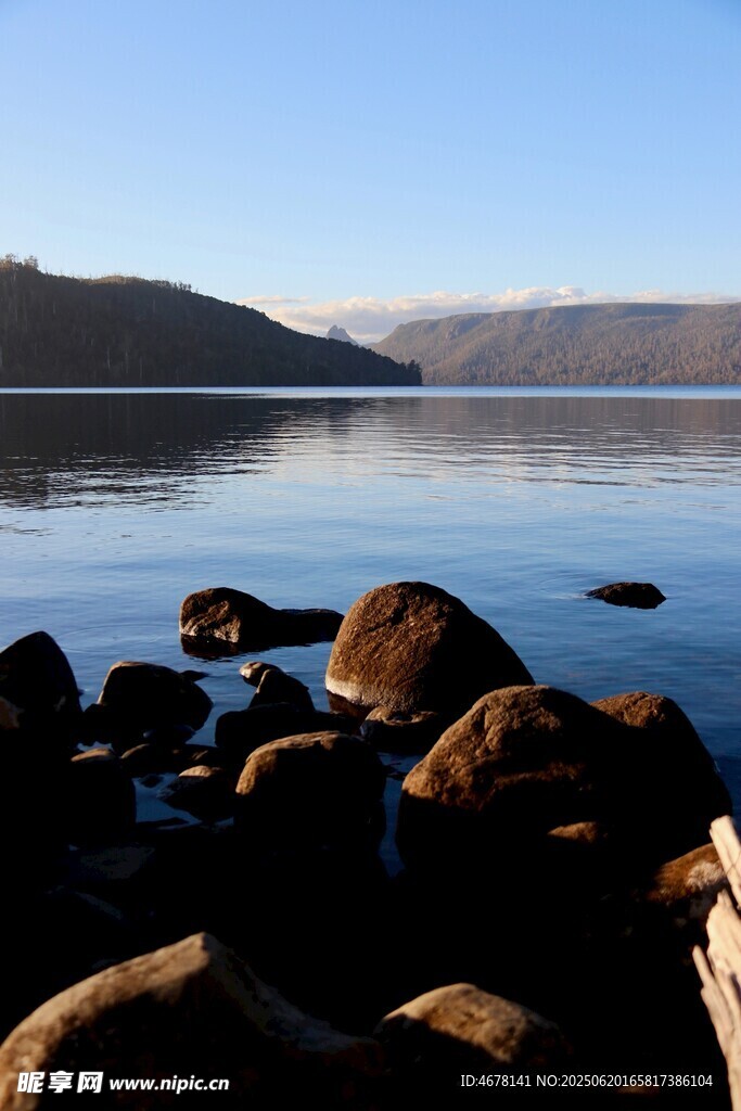 湖畔巖石與平靜湖水美景