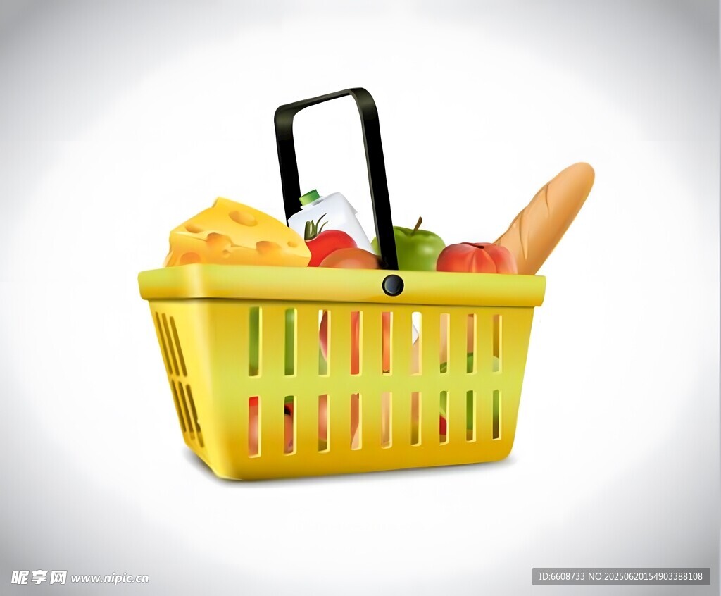 黃色購物籃裝滿多樣食品