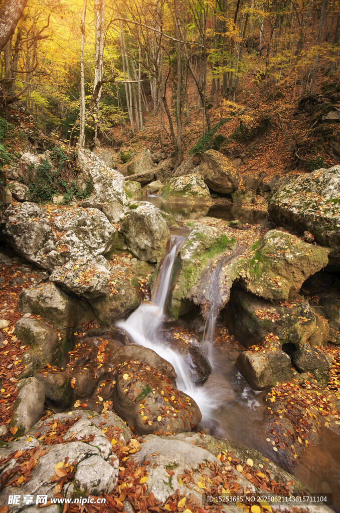 秋日山間潺潺溪流美景
