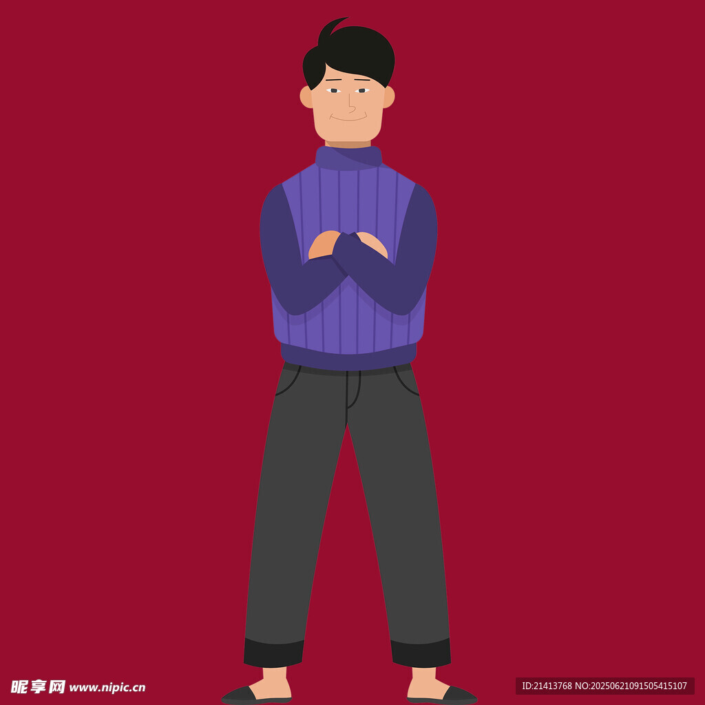 穿藍衣抱臂站立的男子