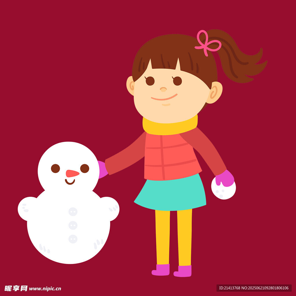 小女孩開心堆雪人