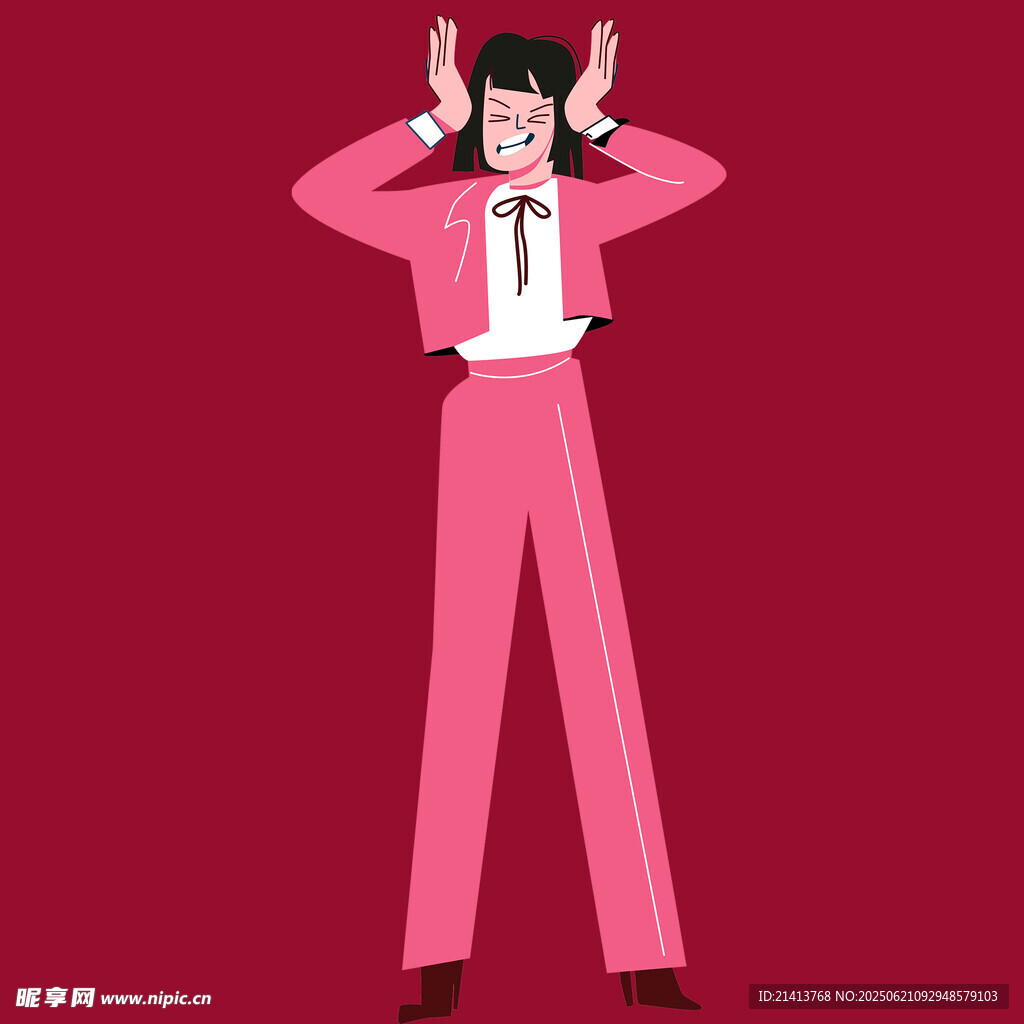 粉色套裝女士雙手舉頭造型