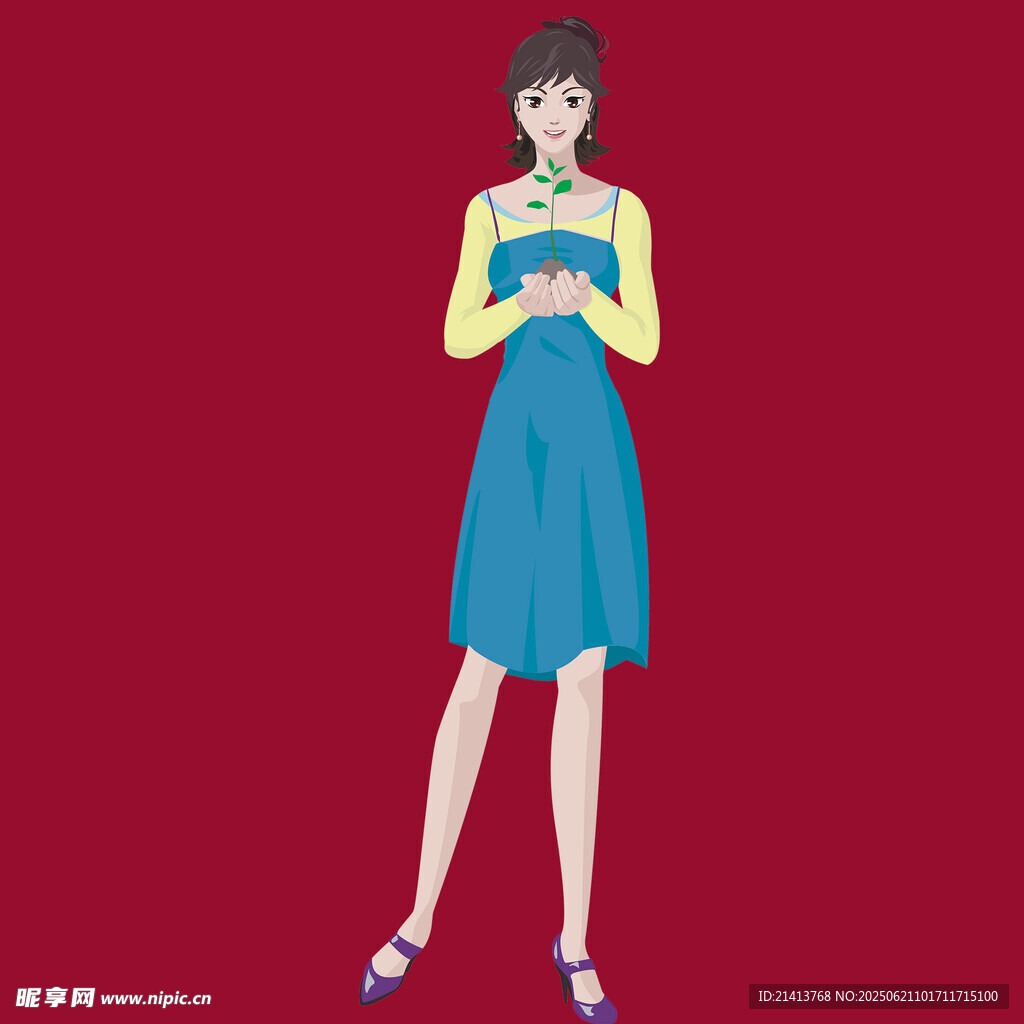 身著藍裙的優雅女性