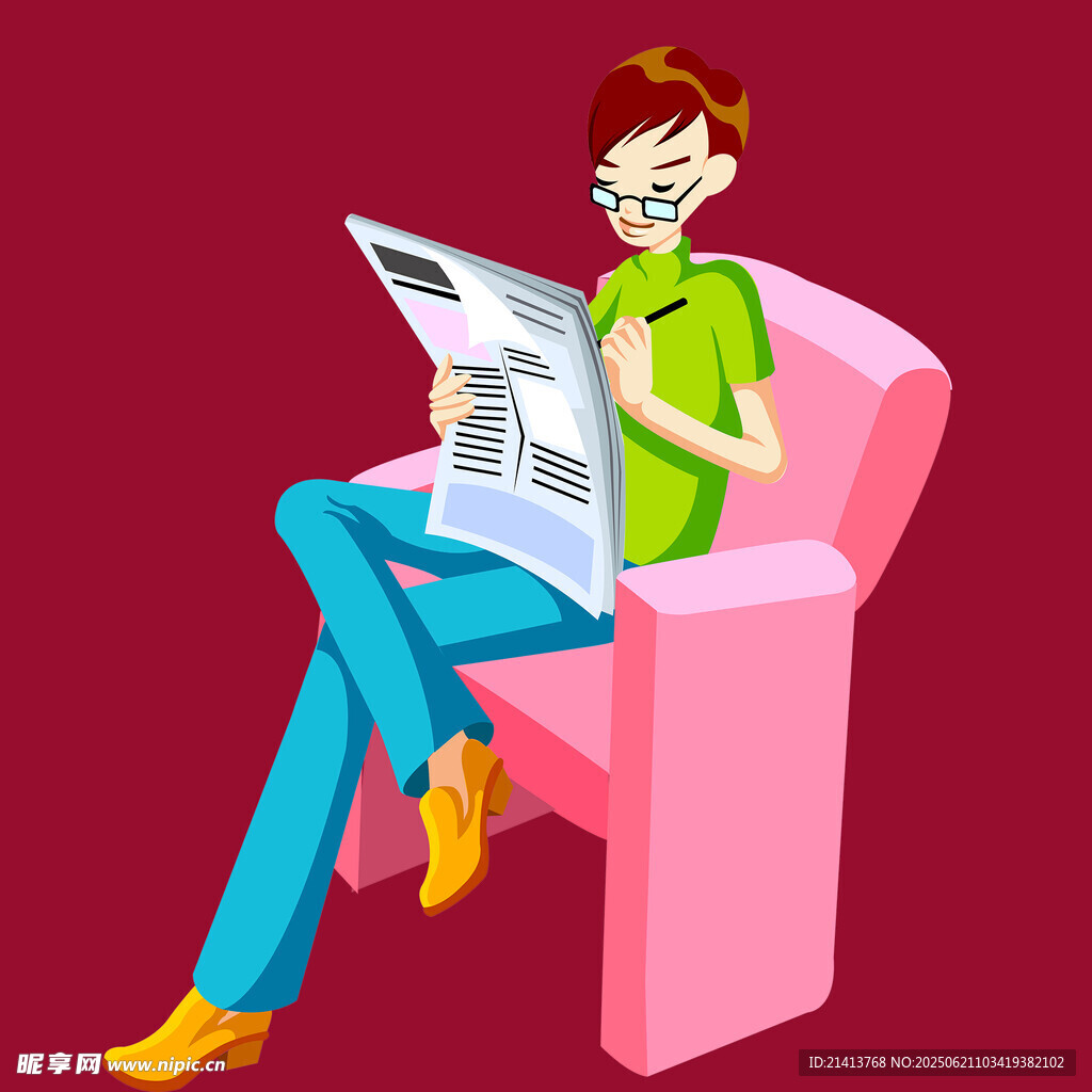 女子愜意坐沙發讀報
