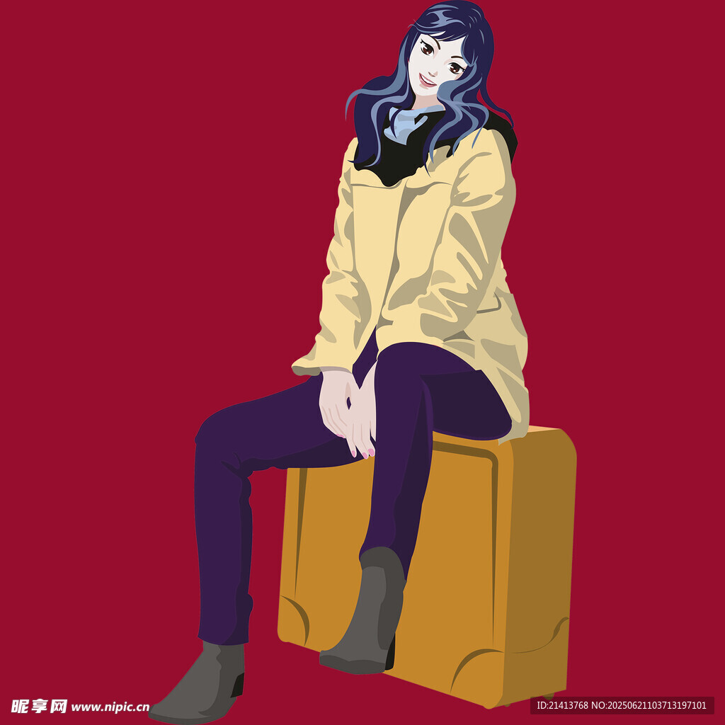 時尚女孩坐于箱上