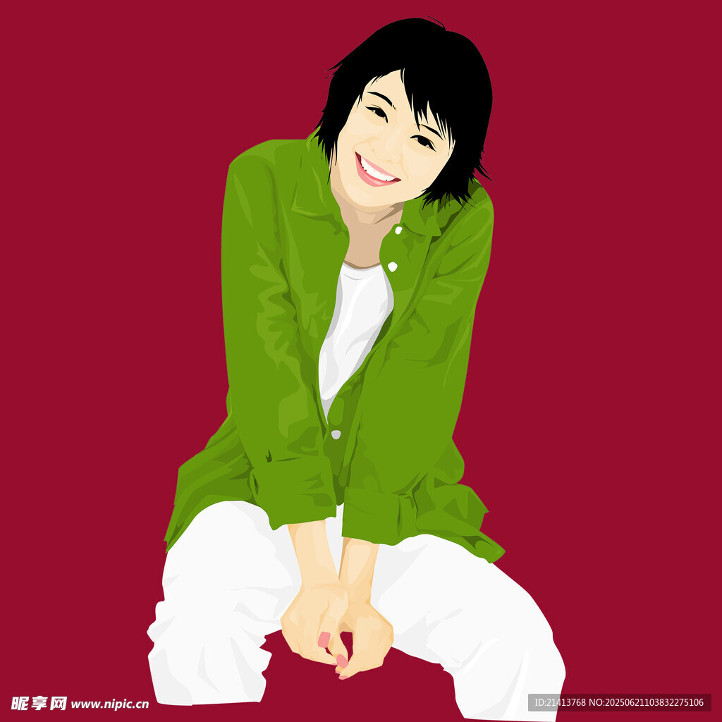 紅衣女子蹲坐微笑瞬間