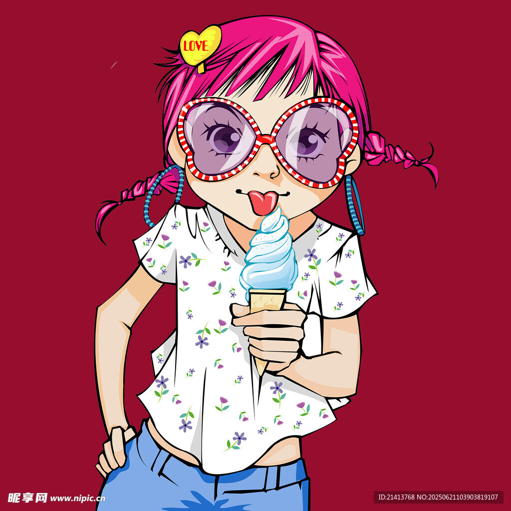 戴眼鏡的粉發女孩吃冰淇淋