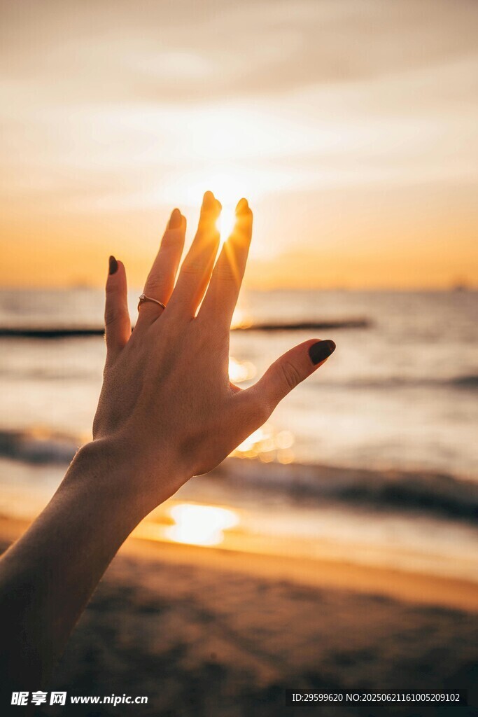 海邊夕陽下的手